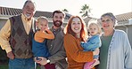 Family portrait with grandparents, parents and kids in yard of new house, smile and generations at happy home. Mother, father and children in backyard together with grandmother, grandfather and love.