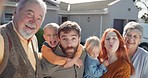 Funny selfie with grandparents, parents and children in yard of new house, smile and generations at family home. Mom, dad and kids in backyard with grandmother, grandfather and love in silly portrait