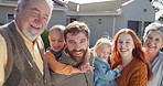 Selfie with grandparents, parents and kids in yard of new house, smile and generations at family home. Mother, father and children outside together with grandmother, grandfather and love in portrait.