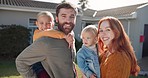 Happy family, parents and children in portrait in yard of new house, smile and security in home. Mother, father and kids in backyard of property together with smile, love and real estate investment.