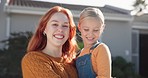 Face, smile and mother with girl in backyard of home, bonding and talking for fun communication. Happy, portrait and child with mama outdoor enjoying quality time together with care, love and family.