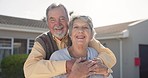 Portrait, old couple hug in yard of new house with smile and love in retirement with happy face. Senior man, woman and happiness in backyard together, property investment with pension and real estate