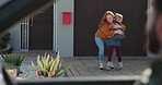 Child running, home and hug for mother with a father or man in a car for transportation after school. Happy, family and an excited kid with an embrace for mom after class with dad in the transport