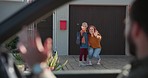 Bye, car and family with a wave in the morning, leaving for work or travel. Happy, together and a mother and girl kid greeting and waving a hello to a father in transportation driving to a job