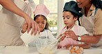 Help, kitchen and family baking together, teaching children and excited to bake. Happy, love and parents with girl kids learning cooking, helping with food and breakfast preparation in a house