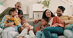 Happy, big family on sofa and in living room of their home together relaxing. Love or support, comfortable or quality time and cheerful or excited people on couch for positivity at their house