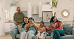 Happy, big family and living room with parents, children and love in a home. Young kids, excited and conversation with father, youth and mama together by a lounge sofa with a smile and communication