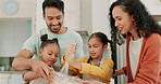 Whisk, mix and a family baking in the kitchen together with parents teaching their girl children about food. Bowl, instructions or bonding with kids learning how to cook from a mother and father