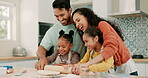 Baking, rolling pin and a family in the kitchen together with parents teaching their girl children about food. Dough, funny or bonding with kids learning how to cook from a playful mother and father