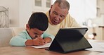 Grandparent, tablet or child elearning for education, growth development or drawing in online class at home. Grandfather, writing or kindergarten boy student in virtual assessment test or studying 