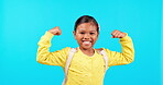 Strong, portrait of a girl flex and against a blue background for fitness growth. Confidence or empowerment, motivation or happiness and excited young female person flexing her muscle for power