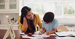 Homework, mother and son with education, knowledge and learning with happiness, writing and creative. Student, male kid and female parent with child development, studying and conversation at home