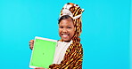Happy little girl, tablet and mockup screen in costume for advertising against a blue studio background. Portrait of female child or kid smile with technology, chromakey display and tracking markers