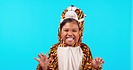Tiger costume, roar and face of girl in studio with halloween onesie for fun, playful and playing. Childhood, blue background and portrait of child with crazy, goofy and silly expression for scare