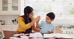 Homework, mother and son with education, high five and success with activity, notebook and conversation. Female parent, student and kid with child development, home and studying with hand gesture