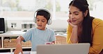 Mother, laptop or kid elearning for education, growth development or knowledge in online class at home. Headphones, mom or kindergarten boy student in an assessment test or studying on video call 