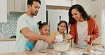 Bowl, flour and family baking in a kitchen together with parents teaching their girl children about food. Bonding, ingredients or instructions with kids learning how to cook from a funny mom and dad