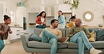 Talk, big family and living room fun with parents, children and running in a home. Young kids, excited and conversation with father, grandparents and mama together by a lounge sofa with a smile