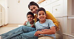 Face, mother and happy family with children in home, bonding and having fun together. Portrait, smile and mom with kids, boys and brothers sitting on floor, enjoying quality time and relax with care