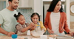 Laptop, teaching and a family baking in the kitchen together with parents showing their girl children about food. Computer, love or bonding with kids learning how to cook from their mom and dad