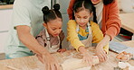 Love, happy family baking in kitchen and with wooden roller in their home together. Care or support, collaboration or teamwork and parents with their children prepare meal with bakery learning 