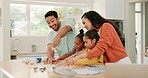 Funny, family and baking in kitchen, learning and having fun together while bonding. Cooking, food and parents with happy children, mother and father laughing for education, teaching or prepare dough