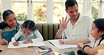 Homework, family and counting help with children, mom and dad in a home with education. House, study and parent support with a young girl writing for school and class project with mother and father