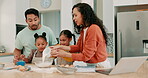 Flour, instructions and a family baking in the kitchen together with parents teaching their girl children about food. Helping, love or bonding with kids learning how to cook from a mother and father