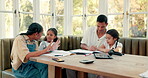 Writing, teaching children and parents for home education, math support and helping with books at table. Mother, father and girls for school homework, family learning and numbers or mind development