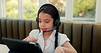 Sign language, child and tablet, headphones and video call education, e learning and online class for communication. Virtual school, kid or kids with hearing disability on digital technology at home