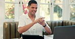 Video call, laptop and man talking in a coffee shop with sign language for a webinar on the internet. Happy, professional and male manager on a virtual meeting for an online discussion on a computer.