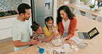 Laptop, bowl and a family baking in the kitchen together with parents teaching their girl children about food. Computer, love or recipe with kids learning how to cook from a mother and father