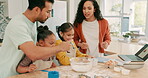 Laptop, instructions and a family baking in a kitchen together with parents teaching their girl children about food. Computer, funny or bonding with kids learning how to cook from a mother and father