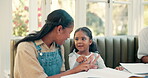 Math, children learning and mother in home education, numbers support or helping at kitchen table. Mom, woman and girl for school, family teaching and hands sign, development or kindergarten language