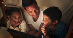 Funny, tablet and father streaming with children in tent house happy for internet video, show or movie online at night. Dark, digital and parent or dad relax with kids watching comedy in the evening