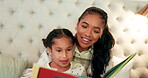 Reading, mom and child in bedroom with book, teaching and happy learning time in family home. Knowledge, fantasy and storytelling, mother and daughter relax on bed together with love, care and story.