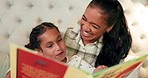 Laughing, mom and child in bedroom reading book, fun teaching and happy learning in home. Knowledge, fantasy and storytelling, mother and daughter relax on bed together with joke, love and story time
