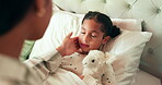 Care, mother and worry with sick girl at house with fever or parenting to monitor symptoms. Child, illness and bedroom with parent or concern with touching for body for diagnosis for support.