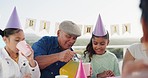 Mom, grandfather and girl in park for birthday, celebration and party event outdoors for social gathering. Family, lunch and mother, grandpa with children at picnic with cake, presents and juice