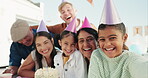 Family, selfie and happy birthday with children in outdoor for  bonding or fun with friends or together. Portrait, parents and girl with grandparents at celebration with happiness with party hat.