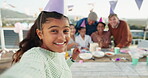 Family selfie, face and a child at a party for a birthday, celebration or summer memory. Happy, talking and portrait of a young girl taking a photo with people at a social event in a backyard