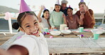 Happiness, girl and selfie at birthday party with family on patio for enjoying an event in summer. Portrait, kid and party with smile and grandparents for bonding with love or smile at celebration.
