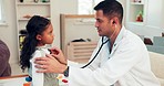 Healthcare, doctor and girl in a consultation, kid and checkup with diagnosis, results or appointment. Male person, female child or medical professional with medical exam, stethoscope or pediatrician