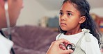 Healthcare, doctor and girl in a consultation, kid and breathing with a checkup, results and cardiology test. Breath, female child and medical professional with diagnosis, stethoscope and appointment