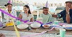 Celebration, streamers and girl in park for birthday, picnic and party event outdoors for social gathering. Family, lunch decoration and mother with children cheering with cake, presents and surprise