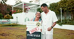 Property, real estate and a homeowner couple with a sold sign in the garden of their new house together. Love, mortgage or investment with a married man and woman in the yard for home ownership