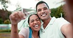 Key, selfie and couple excited, home and real estate with happiness, homeowner and relationship goals. Face, man and woman outdoor, property and social media with excitement, mortgage and investment