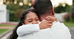 Child, running and hug father outdoor with love and care on a road for security and comfort. Happy and excited girl kid with a man for family embrace or together for trust or belonging on a street