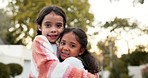 Hug, face and sisters outdoor, happiness and cheerful with bonding, Colombia and loving together. Portrait, female children and kids outside, park and embrace with love, playful and happy with fun