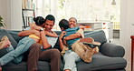 Family, hug and children with parents in a living room at home for comfort. Young kids run to a happy man and woman or mom and dad for fun, happiness and love while playing and bonding with care